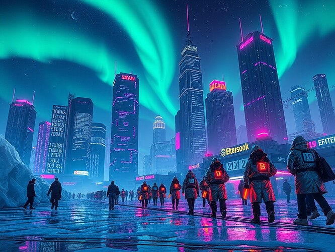 Cyberpunk Antarctic metropolis at midnight, sky cracked by data-auroras of green and violet, skyscrapers wrapped in scrolling SHA-256 glyphs, citizens in mirrored coats carrying glowing quantum contracts that flicker between states, neon reflections on chrome ice, cinematic rim-lighting