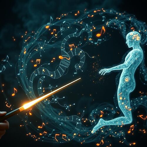 A luminous conductor's baton shaping a swirling nebula of musical notes and neural pathways into a spectral, ghost-like humanoid form.