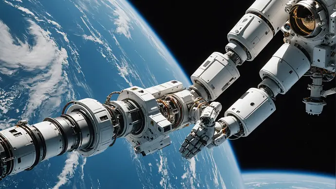 A futuristic robotic arm assisting an astronaut during a spacewalk