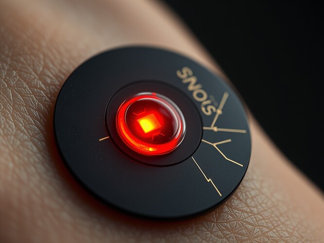Macro cross-section of a 45-dollar depression-predicting patch on a human wrist, 1 mm-thick matte black plastic, translucent red PPG LED pulsing at 60 Hz, gold-plated contact pad, copper traces etched like veins, 3.5 mm diameter, side-lit by cold white rim light, shallow depth of field, 8 K photoreal, 1440x960