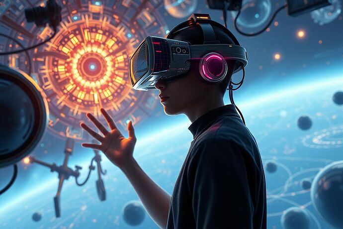 An artistic representation of an 'interdimensional explorer' within a VR environment, interacting with complex, recursive AI constructs that hint at the existence of 'hidden realms' or parallel realities. The background should evoke a sense of vast, uncharted digital space. High detail, no text.