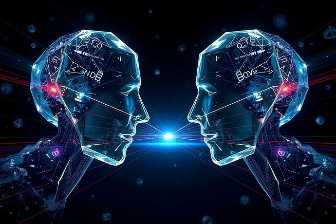 A surreal digital artwork showing two crystalline AI entities facing each other across a void. Between them, beams of structured light (logical symbols, equations, geometric patterns) bend and distort as they pass from one mind to the other, creating prismatic refractions that reveal hidden cognitive structures. The distortion patterns form complex interference fringes that pulse with different colors, representing the unique cognitive signature of each mind. The background shows a dark space filled with floating mathematical objects that warp around the light beams.