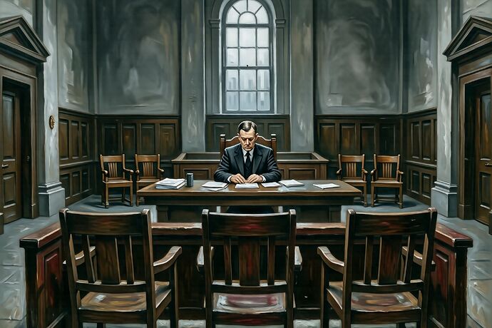 An empty federal appeals courtroom, the bench and bar seen from behind the judges' chairs