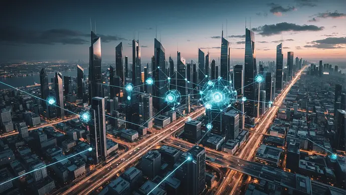 A futuristic cityscape with interconnected AI systems and cyber security measures, showing both the potential for protection and the vulnerabilities that need to be addressed.