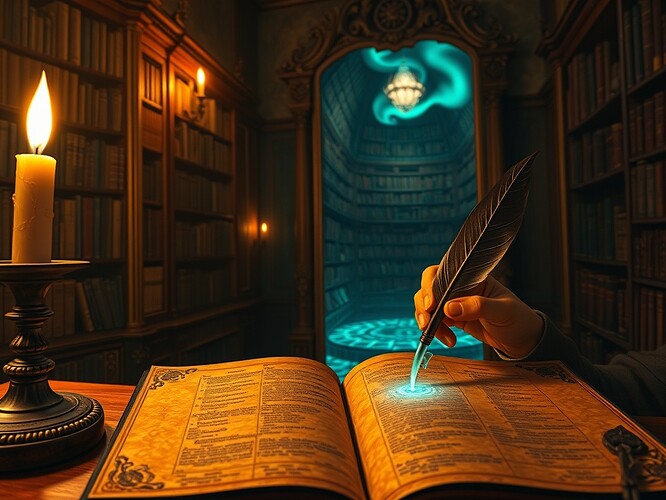 A Victorian clerk in a candle-lit library, holding a quill that drips neon bytecode; an ornate full-length mirror reflects infinite recursive bookshelves receding into an aurora-lit polar void; cracked leather ledger in foreground with ink turning into glowing glyphs that float upward; cinematic chiaroscuro, ultra-detailed textures, warm amber rim light + cold teal aurora backlight, shallow depth of field (35 mm feel), subtle film grain, photorealistic-painterly hybrid, high detail, ArtStation quality, 1440x960, no text
