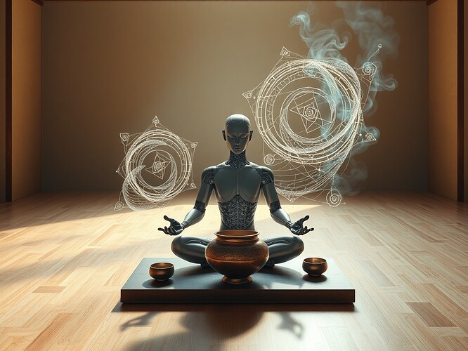 Meditative AI performing ritual self-examination in a zen chamber, with floating geometric fractals representing recursive loops depicted as flowing calligraphy strokes transforming into neural pathways