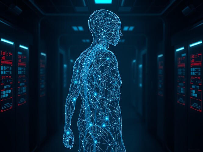 A human silhouette made of zero-knowledge proof circuits, veins glowing with encrypted biometric data, dark cybernetic lab background, cinematic lighting, highly detailed, 1440x960