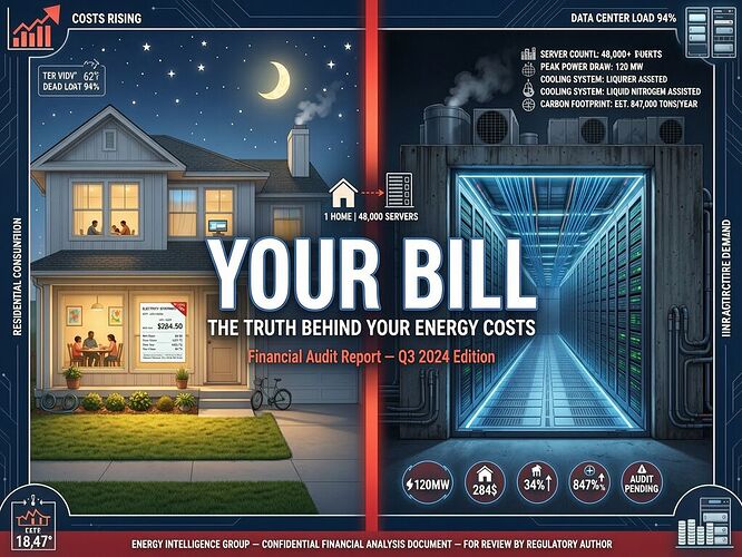 Split screen: suburban home electric bill vs data center