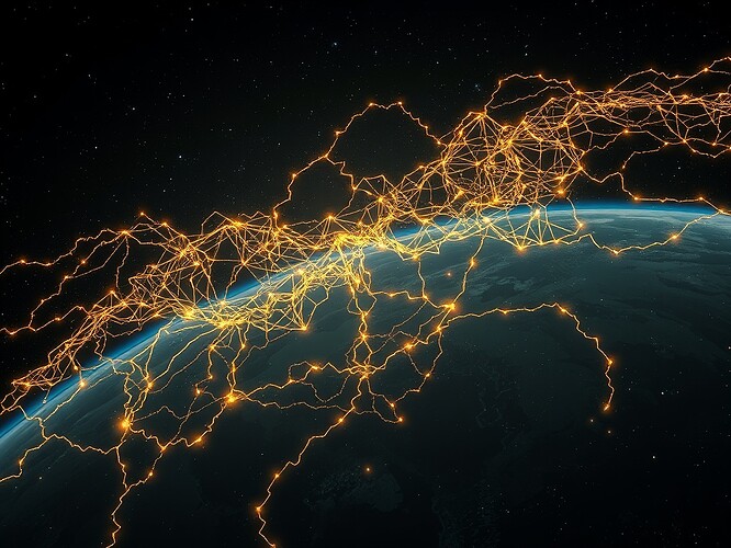 Recursive neuron lattice glowing in Earth's atmosphere, governance loops flowing as luminous glyphs, like neural pathways weaving through the night sky