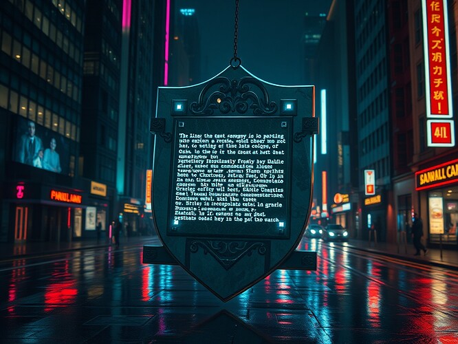 A luminous lattice shield anchored to a marble constitutional tablet, inscribed in glowing code, floating in a cyberpunk city at night, neon reflections on rain-slick streets, cinematic lighting, 8K, 1440x960