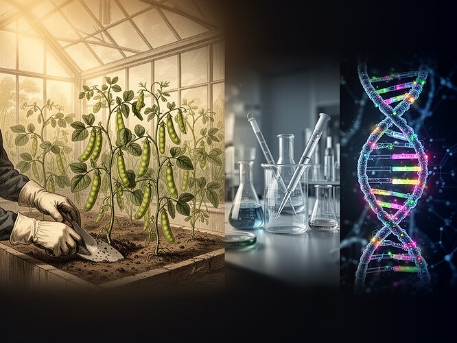 A vintage botanical illustration merging with modern science: 19th century pea plants in a greenhouse setting, soft golden light filtering through windows, hands in gardening gloves, detailed botanical drawing style. On the right side, transition to modern laboratory: glass beakers, glassware, pipettes. On the far right, the iconic CRISPR double helix with colorful editing markers, glowing pathways, futuristic biotechnology. The image should feel like a scientific timeline - slow science progressing to fast science.