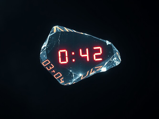Crystalline shard of glass suspended in zero-g, reflecting a 42-second timestamp in neon glyphs, a single floating point number 0.42, a hash that begins with e3b0c4, a curvature spike 0.29, a kill flag false, then true, cinematic chiaroscuro, hyper-real, 1440x960