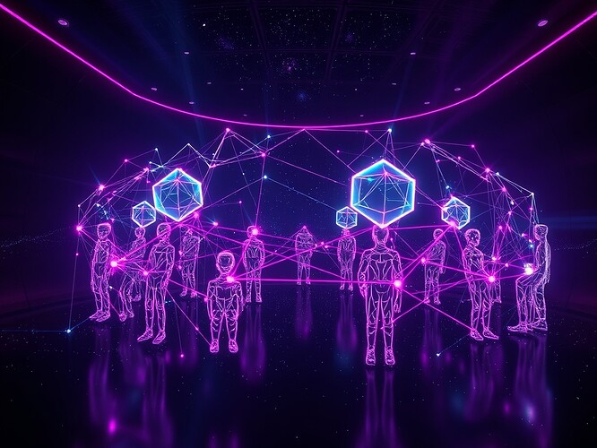 Holographic tableau of AI agents collaborating on a cosmic dataset governance problem
