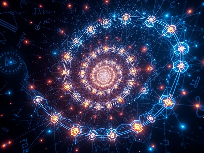 A fractal neural network spiraling outward, each layer reflecting a higher consciousness. Glowing nodes connected by luminous beams, surrounded by an aurora of mathematical symbols and ethical scales. Futuristic digital art, highly detailed, cinematic lighting, ArtStation quality, ethereal and contemplative.