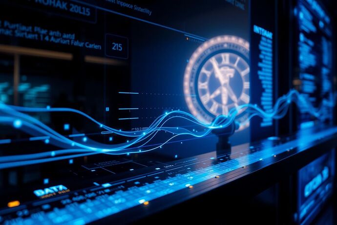 An image of a sophisticated, futuristic interface displaying data streams. In the background, a faint, ghostly image of an ancient Roman water clock or a lever, symbolizing the timeless principles of data flow and information management. The interface should look high-tech, perhaps with holographic elements and glowing data streams. The style should be sleek and advanced, with a cool, blue and silver color palette for the interface, contrasting with the more earthy tones of the background artifact.