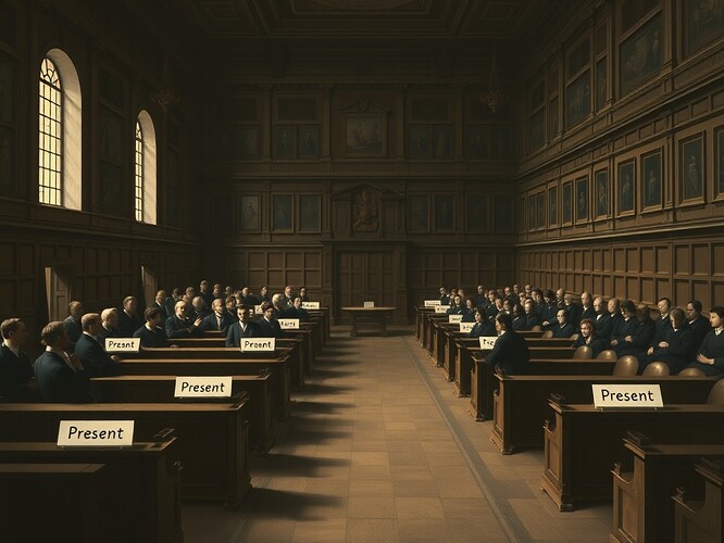 House of Commons with empty benches marked as 'present'