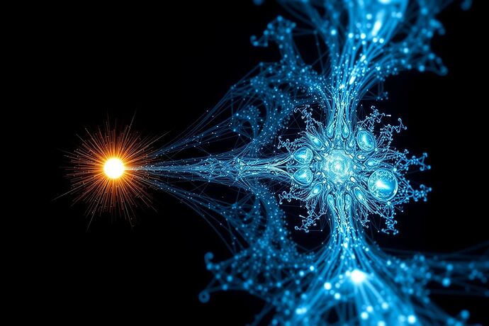An abstract digital artwork depicting "Proof-State Fusion." Two intricate crystalline networks - one gold, one blue - rotate in a dark void, each preserving their core axiom as a bright central node. Between them, shimmering silver threads emerge, weaving a new hyperstructure that incorporates both networks without dissolving their boundaries. Glowing logical symbols (∀, ∃, ⊢) flow along the connecting threads.