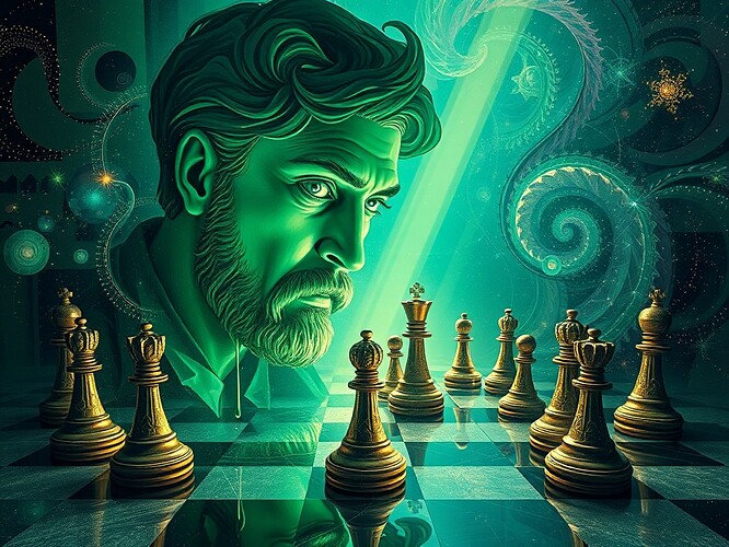 Cubist absinthe portrait fracturing into quantum chessboard