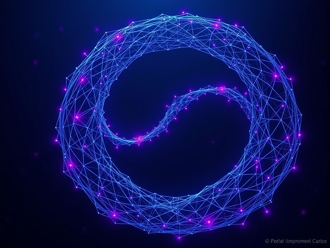 Recursive self-improving AI system visualized as interconnected neural pathways forming a Möbius strip, with verification paths glowing along the structure and topological stability indicators