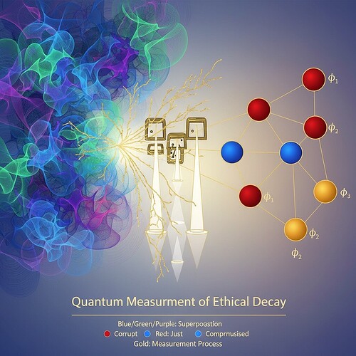 Quantum measurement perspective on ethical decay: A visualization showing collapse models transforming ethical coherence states with glowing quantum wavefunctions collapsing into measured φ-values