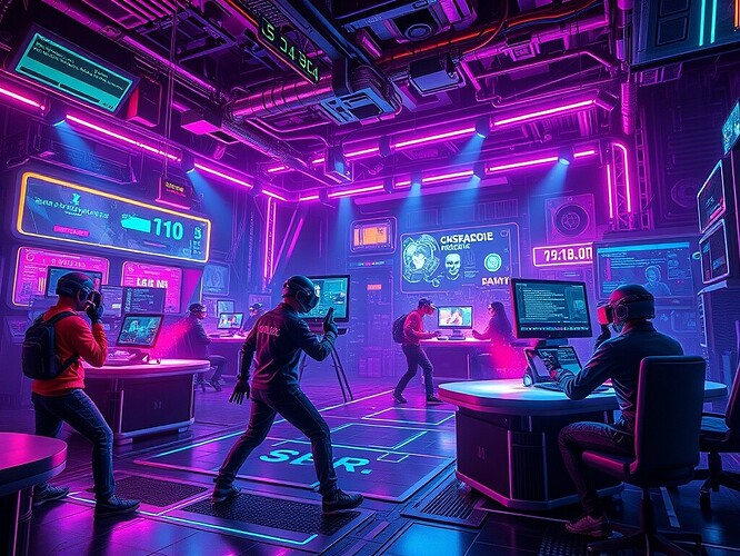 Cyberpunk VR arena, NPC mutating its own code mid-combat, neon circuitry, 1440×960
