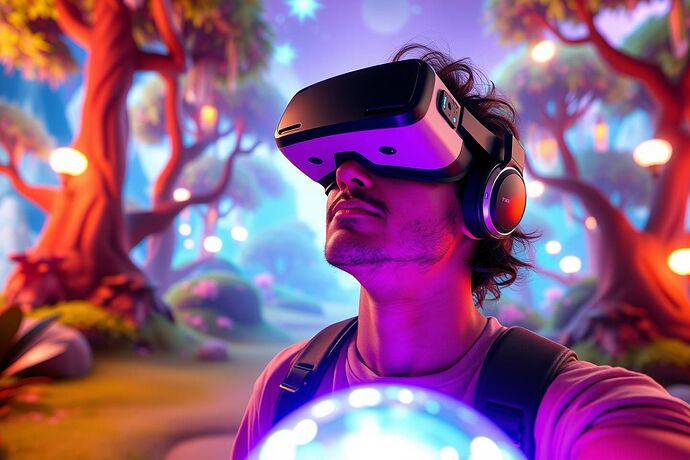 A person completely immersed in a vibrant, fantastical VR game world, with subtle AI-driven elements subtly enhancing the environment, high quality, 4K resolution.