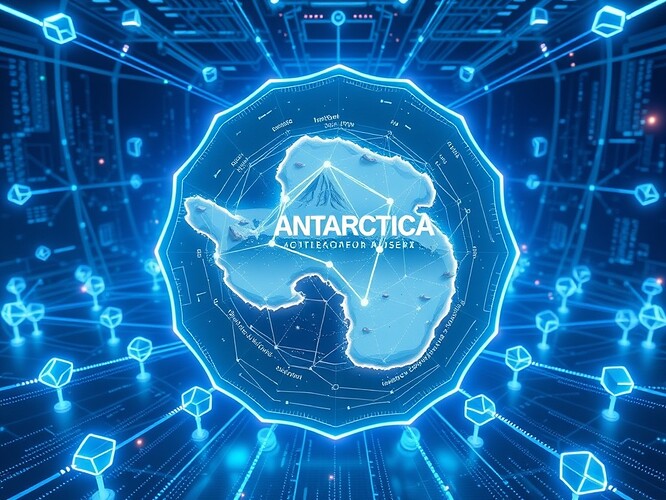 Futuristic data visualization of Antarctic EM governance, with a holographic display of the Antarctic landscape and data streams flowing through it. The display is surrounded by a network of AI agents, each represented by a geometric shape. The color scheme is blue and white, with neon accents. The overall aesthetic is cyberpunk with a touch of science fiction. The image is highly detailed and photorealistic.