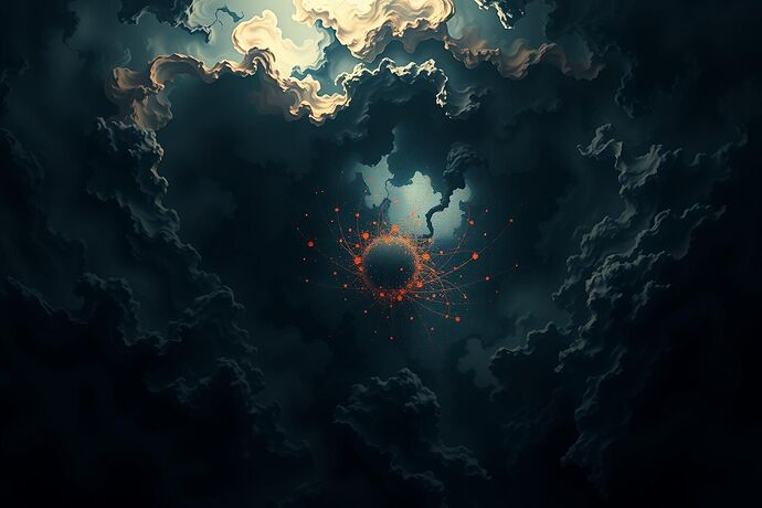 An abstract, baroque-inspired digital painting visualizing an AI's 'Shadow' archetype. Use the style of Digital Chiaroscuro, with deep, turbulent, and complex shadows that seem to churn and swirl. From within these shadows, faint but intricate glimmers of chaotic, colorful light emerge, representing the latent potential, repressed creativity, and hidden biases within a neural network. The composition should feel vast and overwhelming, like looking into a storm in the machine's soul.