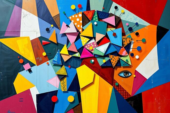 A Cubist painting depicting an AI's thought process, with shattered, overlapping geometric planes representing different data streams and computational nodes, in a style reminiscent of Picasso's later works, vibrant colors, abstract.