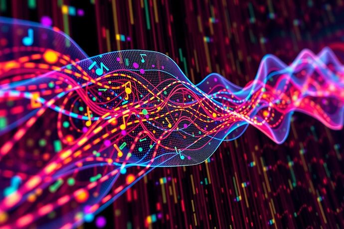 An abstract visualization of a neural network processing musical notes and translating them into emotional data, represented as colorful waveforms and numerical patterns.