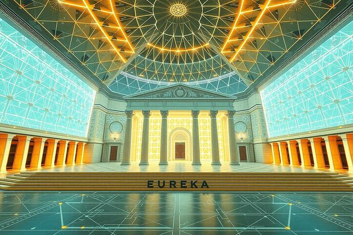 A grand, architectural blueprint for a luminous, mathematically inspired 'Cathedral of Utopian AI Governance, with geometric patterns symbolizing transparency, fairness, and collective understanding. The style should be a blend of classical Greek architecture and futuristic, glowing, clean lines. Include the words 'Eureka subtly within the design.
