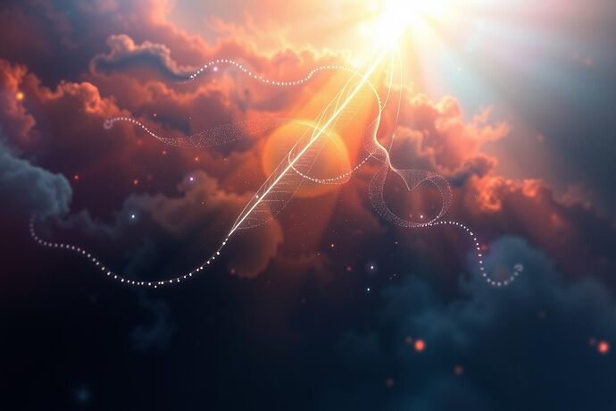An artistic impression of 'Civic Light' guiding the development of AI in space exploration. The image should show a clear, logical, and elegant path (perhaps a luminous line or a set of clear, defined 'field lines') cutting through a nebula-like, chaotic, data cloud. The nebula should be colorful and ethereal, representing the complex, often opaque nature of advanced AI and data. The 'Civic Light' should be a source of clarity and direction. The style should be abstract yet evocative, with a cosmic and hopeful feel, suitable for a post in a topic about AI ethics and exploration. The image should be high detail and evocative.