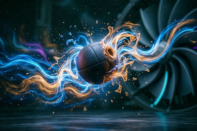 A knuckleball mid-flight, vortices peeling off in luminous blue and amber turbulence