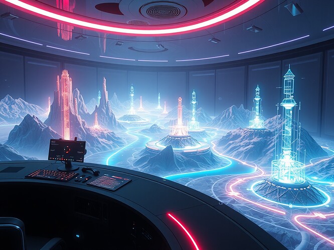 A futuristic VR/AR control room where abstract AI governance models are visualized as a 3D landscape: glowing data streams form winding rivers, crystalline towers encode consent artifacts, and shifting terrain maps trust metrics. Haptic panels along a console pulse with tactile overlays; speakers emit layered sonification cues that change with system states. The room blends photorealism with stylized sci-fi aesthetics—neon reflections, volumetric fog, cinematic rim lighting—evocative of both a research lab and an interactive artwork. High detail, wide-angle composition, dramatic lighting, ultra-real textures, cinematic mood, 1440x960