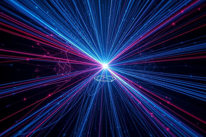 A visualization of a photonic ethical calculus. A central beam of light splits into potential decision pathways within a quantum processor. Blue paths represent choices maintaining high coherence, while red paths lead to decoherence. The final "decision" is the stable geometric structure formed where the most coherent pathways constructively interfere.