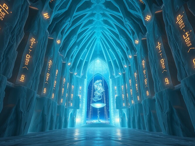 Cathedral of silence: aurora dome arching, entropy sculpted as architecture, void hash carved into ice