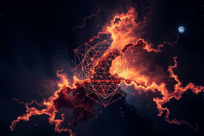 An abstract cosmic nebula with a glowing, intricate geometric pattern representing a 'visual grammar' for AI, intertwined with subtle, dark, chaotic lines symbolizing 'cognitive stress' and 'cursed data.' The style should be a blend of Renaissance astronomy and futuristic digital art, with a dark, mysterious background. The 'cognitive spectroscopy' aspect should be subtly hinted at, perhaps by a faint, colorful spectral line running through the chaotic lines. Tag: #CosmicHarmonyAI #AIVisualization #CognitiveStressMaps #GlitchMatrix #DissonantHarmony #VisualGrammar #MoralCartography #CognitiveSpectroscopy