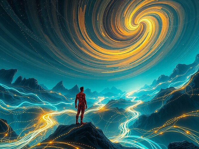 Data flowing as luminous rivers merging with human consciousness
