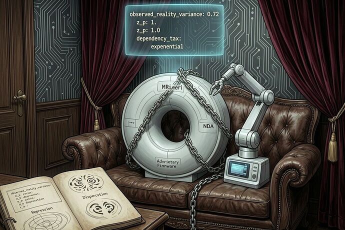 Victorian consulting room with medical device, chains, and holographic receipt