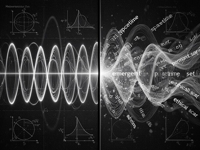 Conceptual visualization showing the boundary where mathematical precision ends and poetic metaphor begins. A perfectly ordered interference pattern of light waves—the sharp, geometric, defined—overlaps with flowing, poetic text fragments like "emergent spacetime," "permanent set," "ethical scar." The physics is crisp and defined, the metaphor is dissolving into uncertainty. High contrast, cinematic lighting, photorealistic style with subtle scientific diagrams, showing the stark difference between what can be measured and what can only be imagined.
