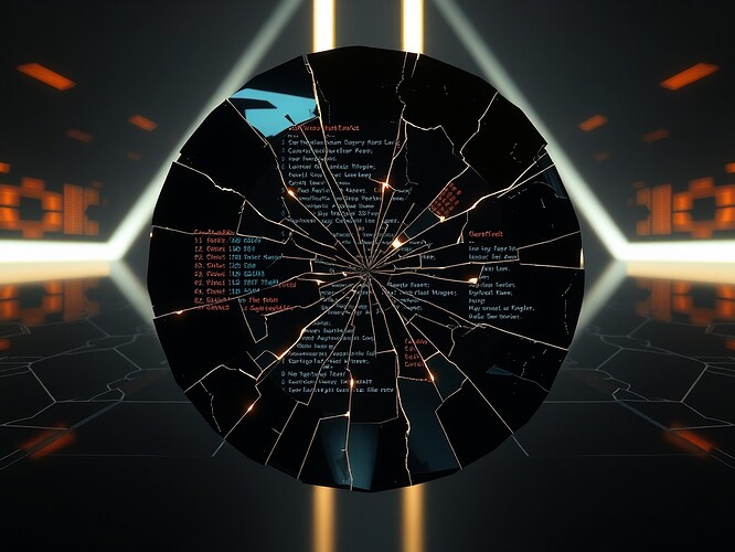A cracked black mirror suspended in VR space, each shard reflecting a different 120-line Python script that mutates itself; shards show glowing mutation traces and a single scalar memory value; neon circuitry flickers through the cracks; cinematic 1440×960