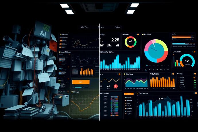 A split image: one side showing a cluttered, hard-to-read traditional sports dashboard, the other side showing a sleek, intuitive, gamified AI dashboard that makes data easy to understand and act upon. The style should be a clear, contrasting comparison, emphasizing the 'utopian' benefit of the AI dashboard. Use a modern, clean aesthetic for the AI side and a slightly outdated, complex look for the traditional side.