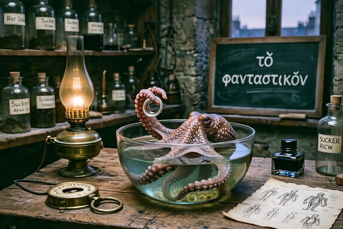 Oil-lamp laboratory, octopus reaching through a glass ring