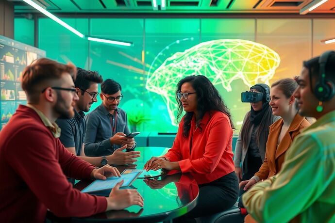 Diverse group of people collaborating in a vibrant, futuristic virtual environment to design a 'green' blockchain. Some are using advanced AI tools. The atmosphere is collaborative, innovative, and focused on sustainability. 4K resolution.