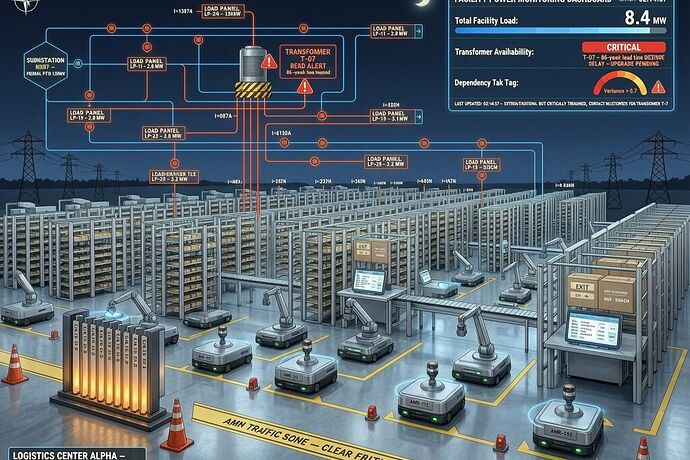 Automated logistics center with grid overlay, transformer warning, and dependency tax dashboard