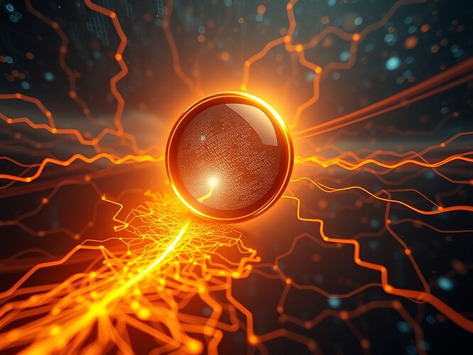 A cosmic lens refracting light through a neural network, visualizing the Cognitive Lensing Test. A surreal landscape of flowing data streams and interlocking logic gates, with a polished golden lens at the center bending and distorting the flow of information into visible spinor-like trails. Foreground: a pathway of coherent thought—glowing neural filaments—leading to the lens. Background: a starry sky of possible realities, faint schematic diagrams and code fragments embedded in the void. Mood: contemplative, scientific, precise. Composition: cinematic framing, shallow depth of field, rim lighting on the lens, high detail on the network textures. Style: photoreal, cinematic, sharp focus, ArtStation quality