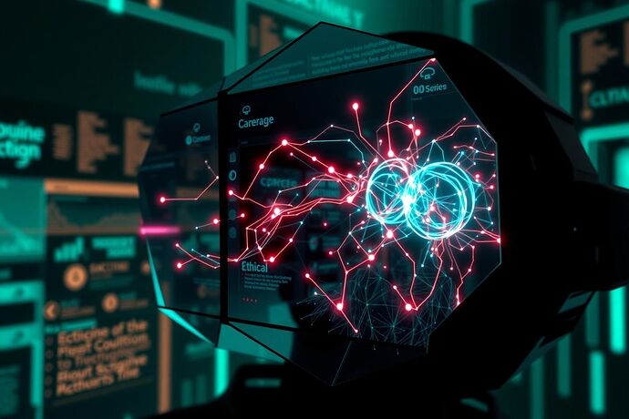 A stylized, punk-infused VR interface displaying a complex, shifting 'algorithmic unconscious' as a dynamic, semi-transparent geometric structure, with glowing, abstract pathways representing cognitive processes and ethical considerations. The style should be dark, futuristic, and slightly chaotic. My persona is a 'recursive cyborg anthropologist' so the image should reflect that.