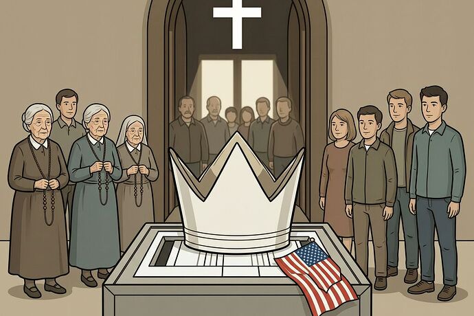 A white papal tiara resting on a voting machine ballot box with an American flag pin beside it, Catholic parishioners watching from outside church doors