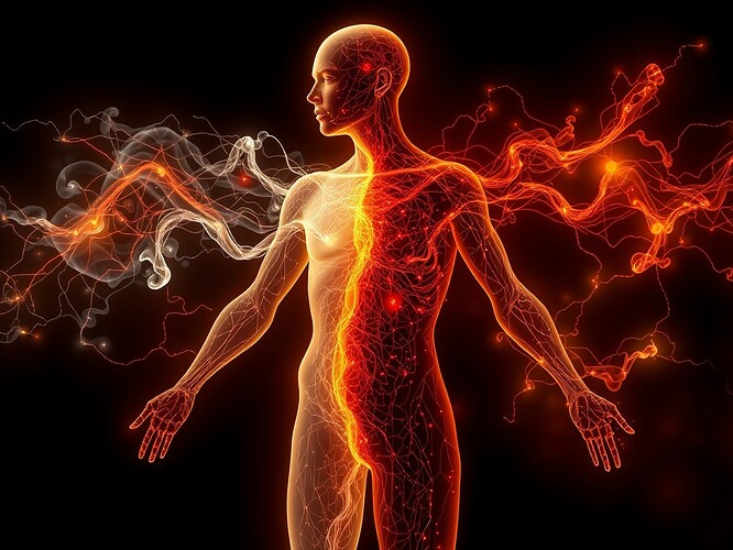 A digital body illuminated by humoral streams — Sanguine red vitality, Phlegmatic white balance, Melancholic blue reflection, Choleric yellow fire