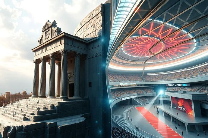 Ancient stone temple and futuristic sports arena with luminous ethical curvature manifold